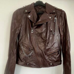 Cropped Chain Detail Leather Moto Jacket